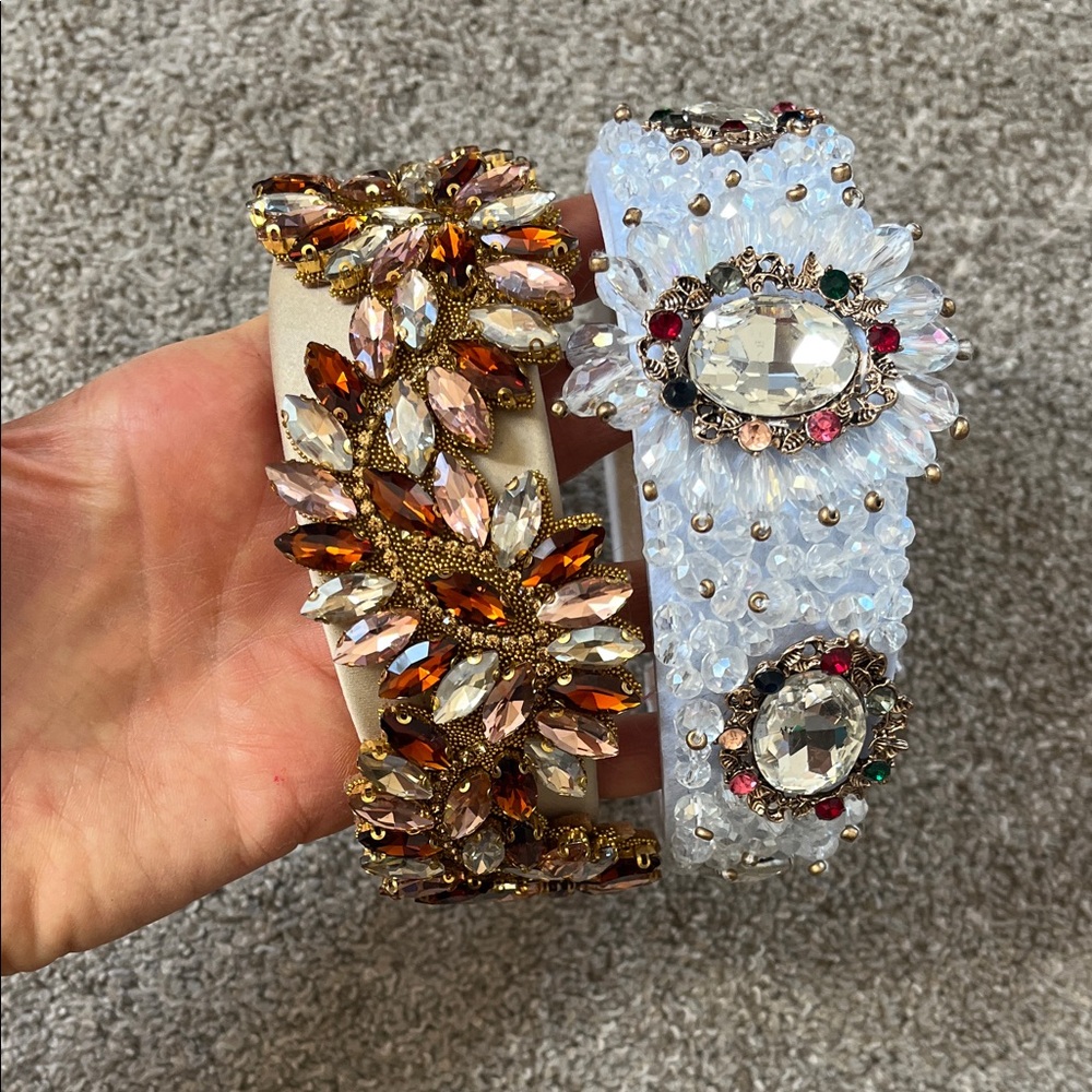 Free w/ Purchase Lot 2 Fancy Mega Beaded Maximalist Headbands Faux Suede Comfort